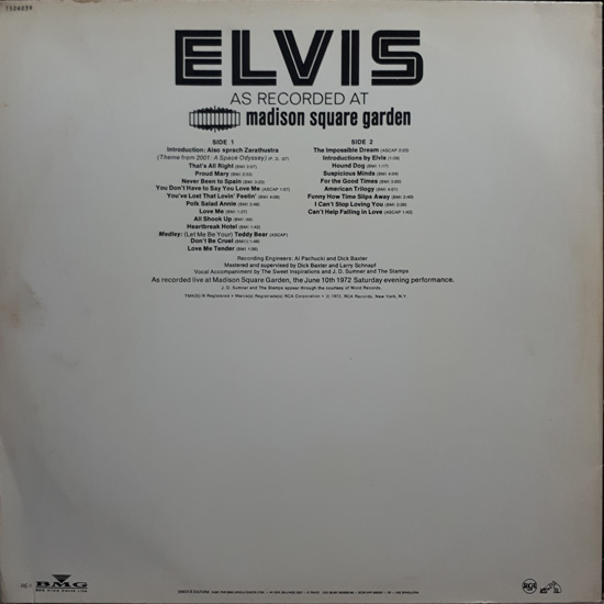 Contra Capa - Elvis as Recorded at Madison Square Garden